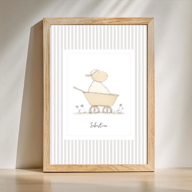 Anpassningsbar Söt Får Barnkammare Affisch - Rände (Custom name cute animal poster with vintage stripes)