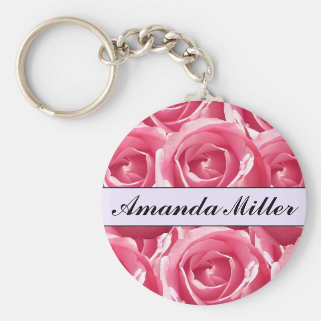 Anpassningsbar Söt Rosa ros Namn, Initialer, nycke Nyckelring (Framsidan)