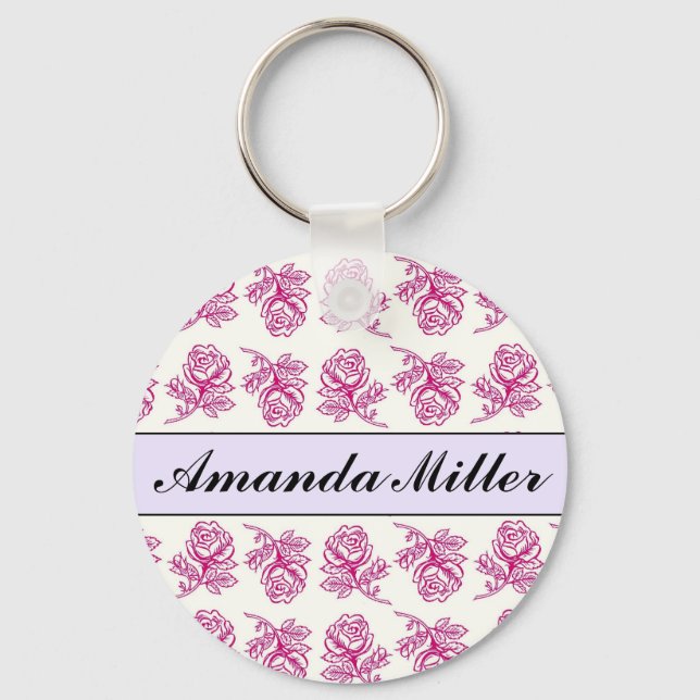 Anpassningsbar Söt Rosa ros Namn, Initialer, nycke Nyckelring (Framsida)