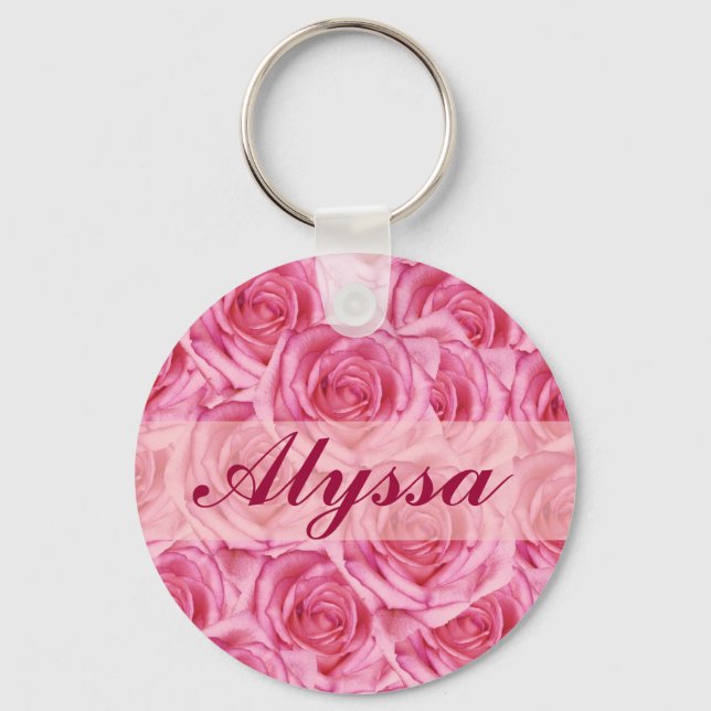 Anpassningsbar Söt Rosa ros Namn, Initialer, nycke Nyckelring (Framsida)