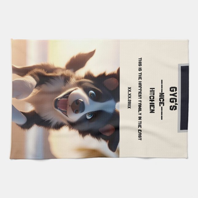 Anpassningsbar, söt svart och vit hund kökshandduk (Horisontell)