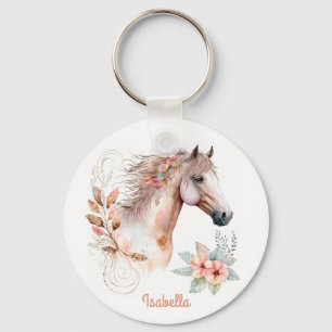 Anpassningsbar Söt Watercolor Blommigt Boho Horse Nyckelring