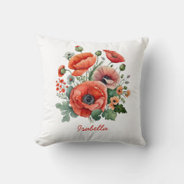 Anpassningsbar Söt Watercolor Red Poppies Blommigt Kudde