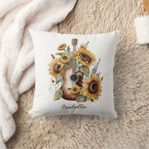 Anpassningsbar Söt Watercolor Sunwers Guitar Blomm Kudde