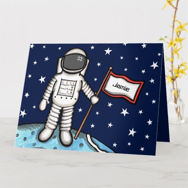 Anpassningsbar Spaceman Astronaut Cosmonaut Birthd Kort (Gul blomma)