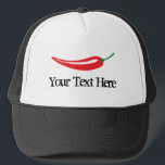 Anpassningsbar spicy hett red chili pepper trucker truckerkeps<br><div class="desc">Anpassningsbar hett röd chilipeppartruckerkeps. Mall för framställning av kryddade livsmedel med typografi av vintagen. Lägg till ditt eget namn,  monogram eller roligt citat/ordspråk. Cute personlig-presentidé för manar och kvinnor. Svart och vitt lock. Roligt för kryddig mat som äter tävling.</div>