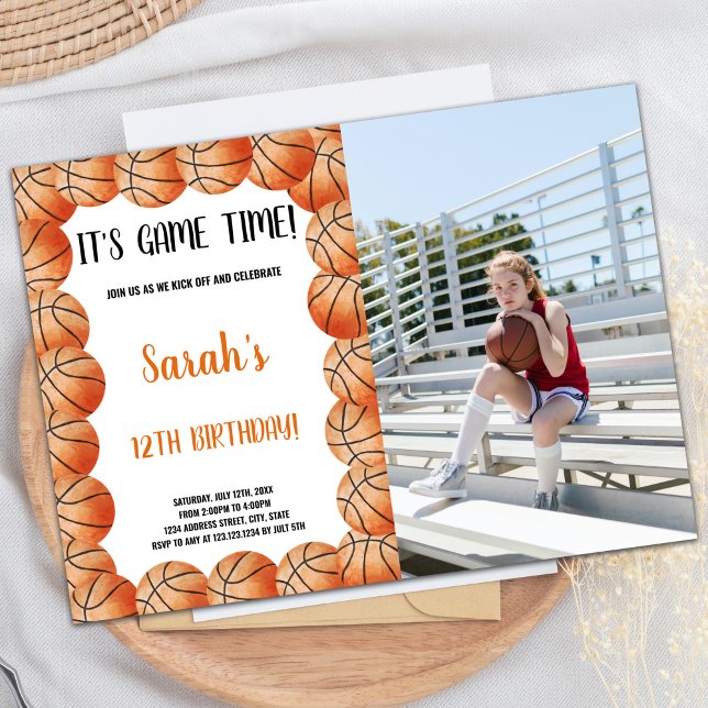 Anpassningsbar Sports Party Inbjudan för barn (Basketballs Orange Round Birthday Invitations phot)