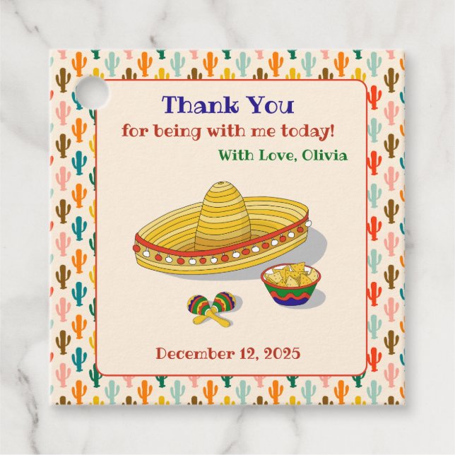 Anpassningsbar Square Fiesta Tack Märkre Gåvor Etiketter (Framsida)
