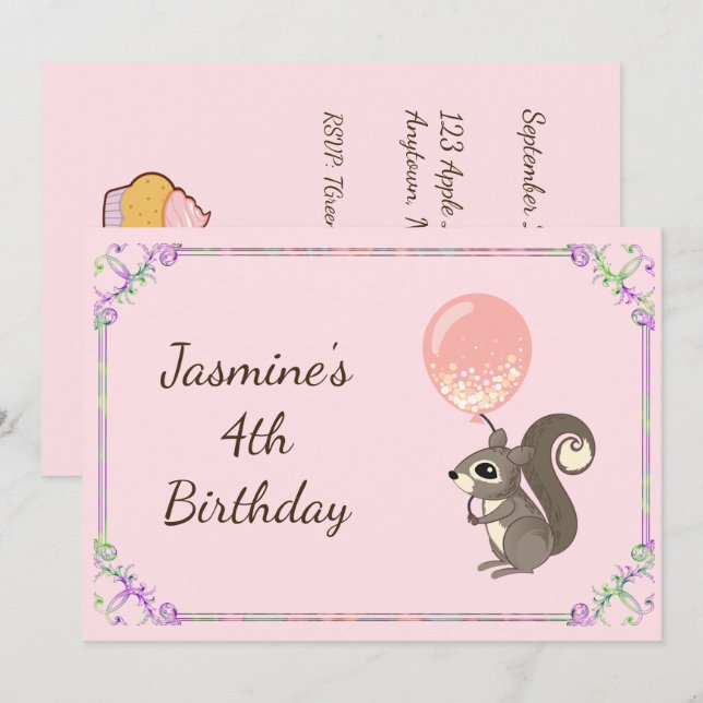Anpassningsbar Squirrel Birthday Inbjudan (Fram/baksida)