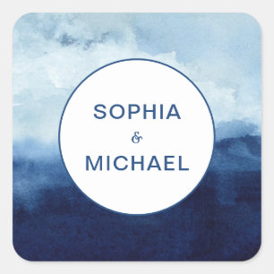 Anpassningsbar Sticker Bride Groom Namn Blue Water Fyrkantigt Klistermärke