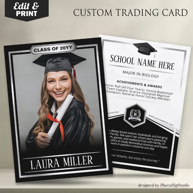 Anpassningsbar Student Trafikkort, Elegant, svart  (Editable Graduate Trading Card, Elegant Black Silver Card, Custom Trading Card for Graduation)