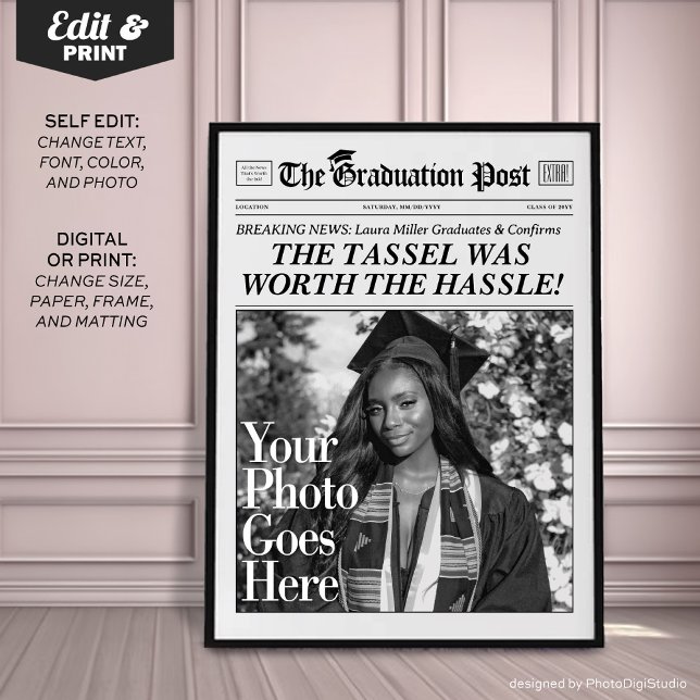 Anpassningsbar Studenten Newspaper, Chic Studentfe Poster (Custom Graduation Newspaper Print, Personalized Grad Gift, Fun Tassel Quote)