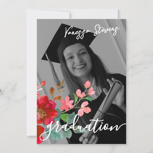 Anpassningsbar Studentfest Vattenfärgsblomma Foto Inbjudningar (Framsida)