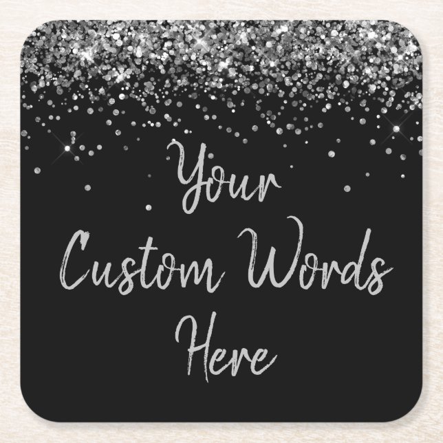 Anpassningsbar, svart Silver-Födelsedagsfest, Glit Underlägg Papper Kvadrat (Framsidan)
