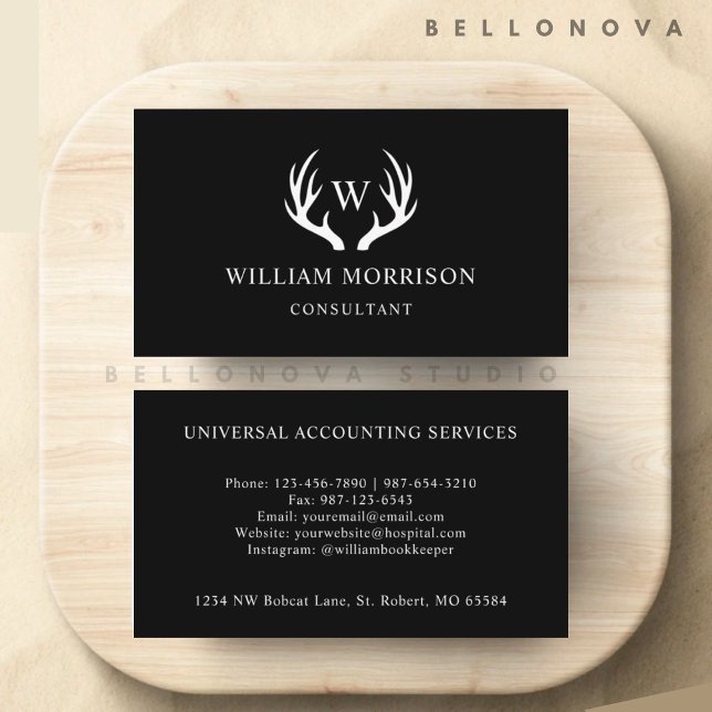 Anpassningsbar Svartvit Hjort Antler-Professionell Visitkort (Custom Black And White Deer Antler Professional Business Card)
