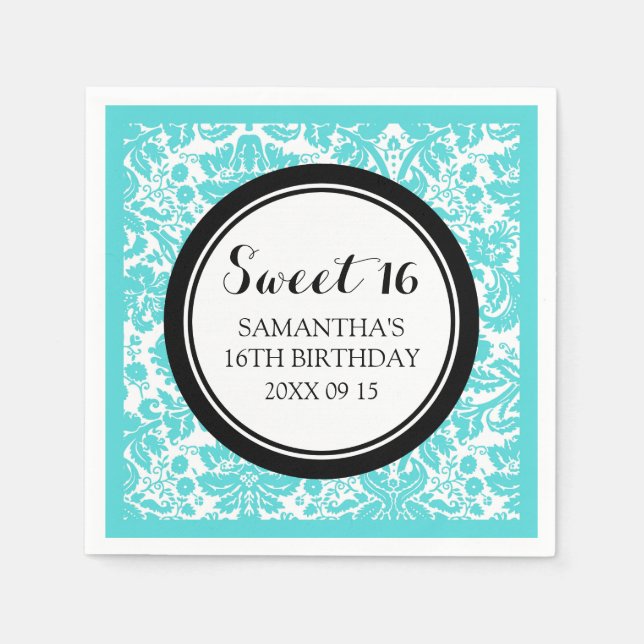 Anpassningsbar Sweet 16 Birthday Napkin Aqua Black Pappersservett (Framsidan)