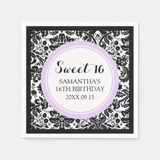 Anpassningsbar Sweet 16 Birthday Napkin Black Dama Pappersservett (Framsidan)