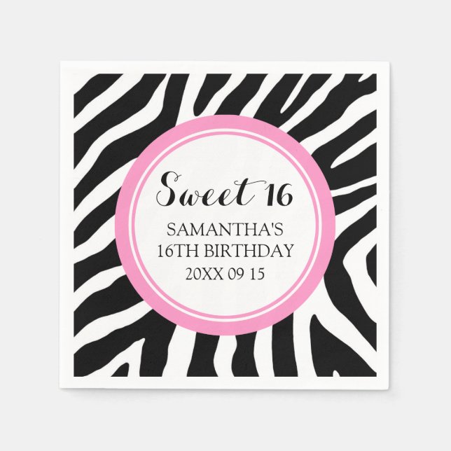 Anpassningsbar Sweet 16 Birthday Napkin Rosa Zebra Pappersservett (Framsidan)
