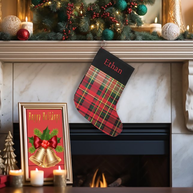 Anpassningsbar Tartan Red & Grönt jul Stor Julstrumpa (Personalized Family Christmas Stocking, Tartan Holiday Mantel Decoration, Red Green Gold Stocking)