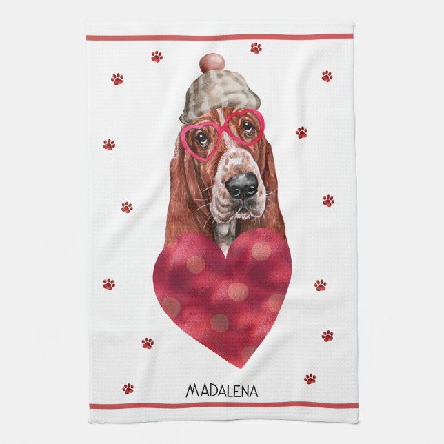 Anpassningsbar Tass Valentine Gift Basset Hound Kökshandduk (Vertikal)