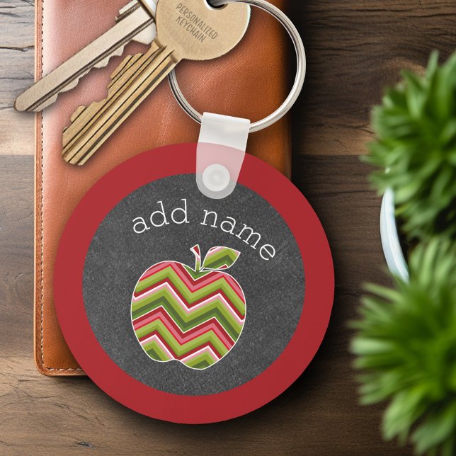 Anpassningsbar Teacher Apple - Red Grönt Chevron M Nyckelring (Personalized Keychain - Custom Teacher Gift or Classroom Keyring)