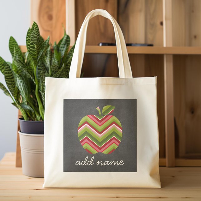 Anpassningsbar Teacher Apple - Red Grönt Chevron M Tygkasse (Custom Tote Bag)