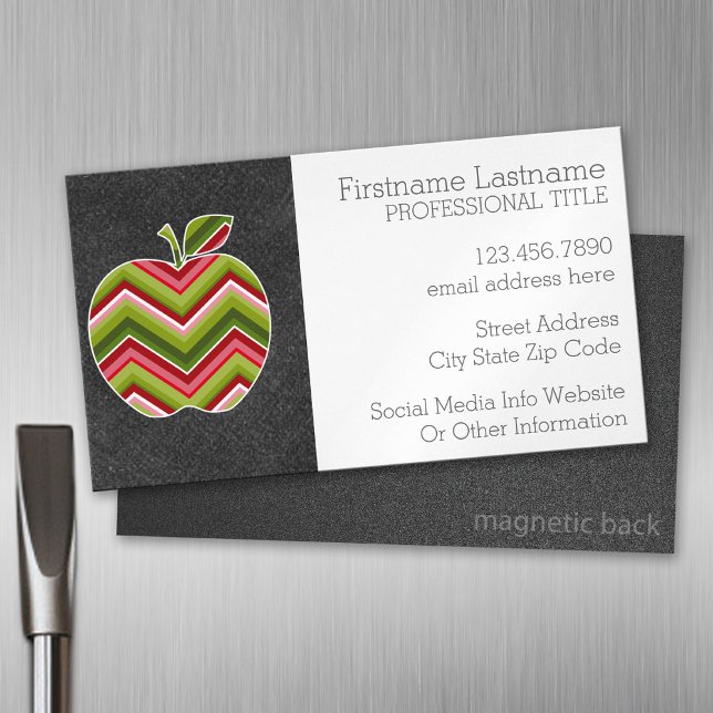 Anpassningsbar Teacher Apple - Red Grönt Chevron M Visitkortmagnet (Custom Business Card Magnet)