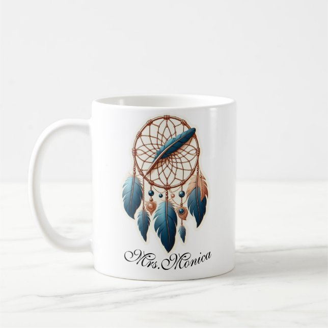 Anpassningsbar Teacher namn Boho Dreamcatcher Kaffemugg (Vänster)