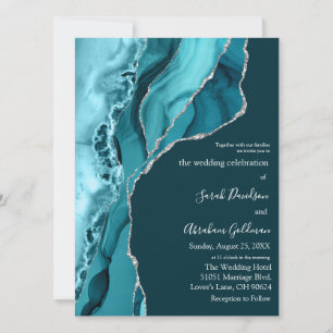 Anpassningsbar Teal Agate Silver Glitter Bröllop Inbjudningar