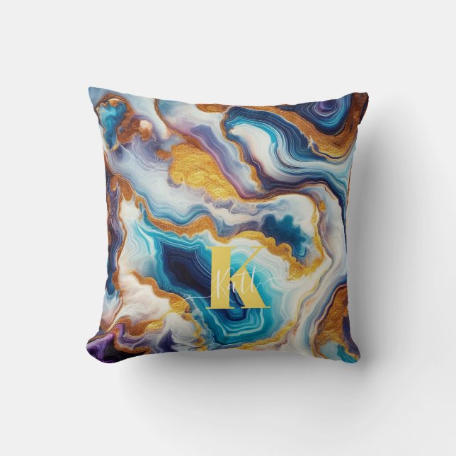 Anpassningsbar Teal Aqua Golden Agate Monogram Kudde (Framsida)