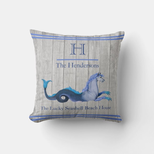 Anpassningsbar Teal Blue Navy Seahorse Coastal Grå Kudde (Framsida)