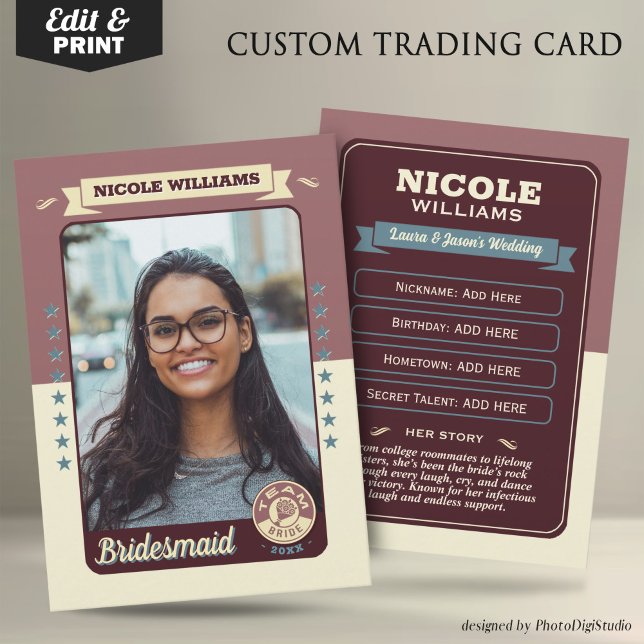 Anpassningsbar Team Bride Trading Card, Bridesmaid (Custom Team Bride Trading Card, Bridesmaids Gifts Maid of Honor Trading Card, Retro Wedding Cards)