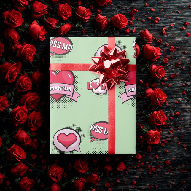 Anpassningsbar tecknad bok stil grönt och hjärthjä presentpapper (Skapare uppladdad)