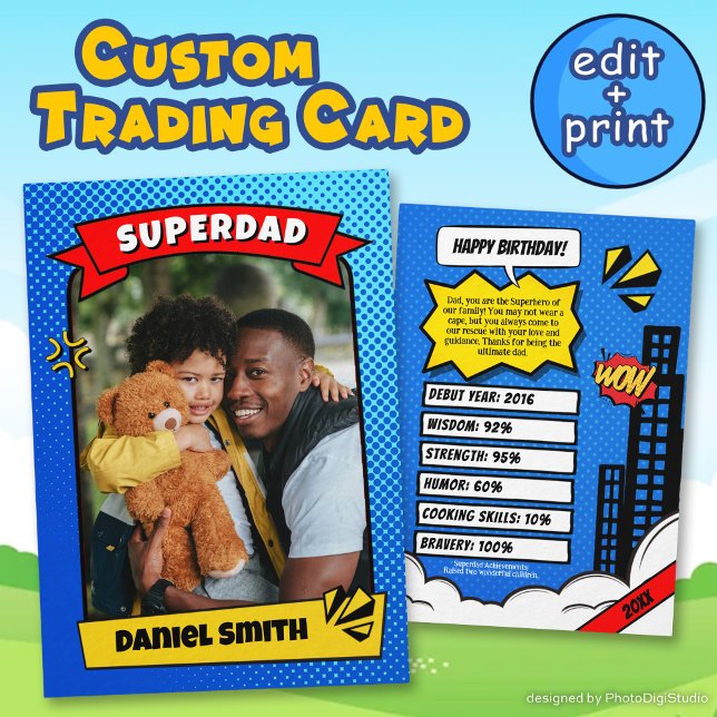 Anpassningsbar Tecknad för födelsedagskort Superda (Custom Birthday Card Comic Super Dad Trading Card)