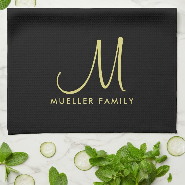 Anpassningsbar Template Black Guld Monogram Family Kökshandduk (Vikta)