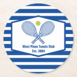 Anpassningsbar Tennis Land Klubb Blue Stripe Underlägg Papper Rund<br><div class="desc">Den här klassens moderna klubb i land underlägg tennisracketar och ett boll över ditt tennislag i namn och ett fastställt datum. Blå och vit strimlad underlägg för dina tennisspelare och medlemmar av klubben land.</div>