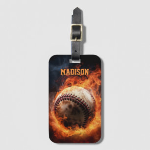Anpassningsbar Text Baseball on Fire Bagagebricka