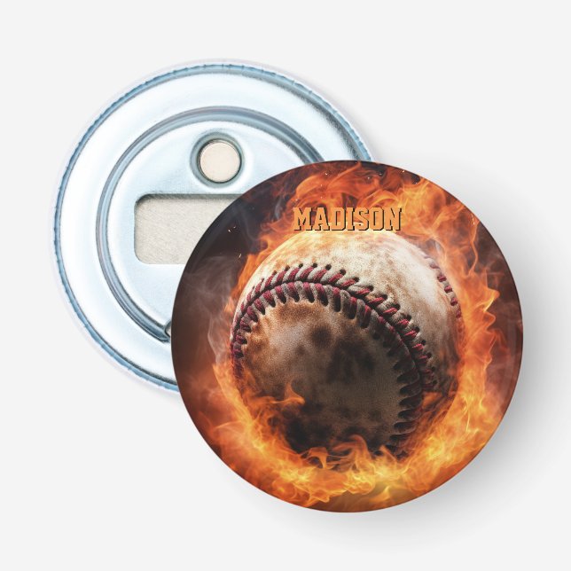 Anpassningsbar Text Baseball on Fire Flasköppnare (Framsidan)