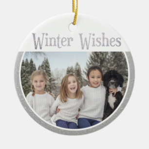 Anpassningsbar Text/Bilder Winter Snö Faux Silver Julgransprydnad Keramik