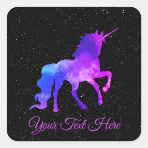 Anpassningsbar Text Black/Lila Galaxy Unicorn Spac Fyrkantigt Klistermärke