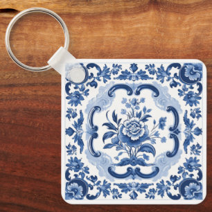 Anpassningsbar Text Blommigt Dutch Tiles Mönster Nyckelring
