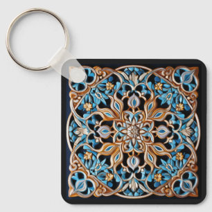 Anpassningsbar Text Blommigt Tile Mönster Faux Cer Nyckelring