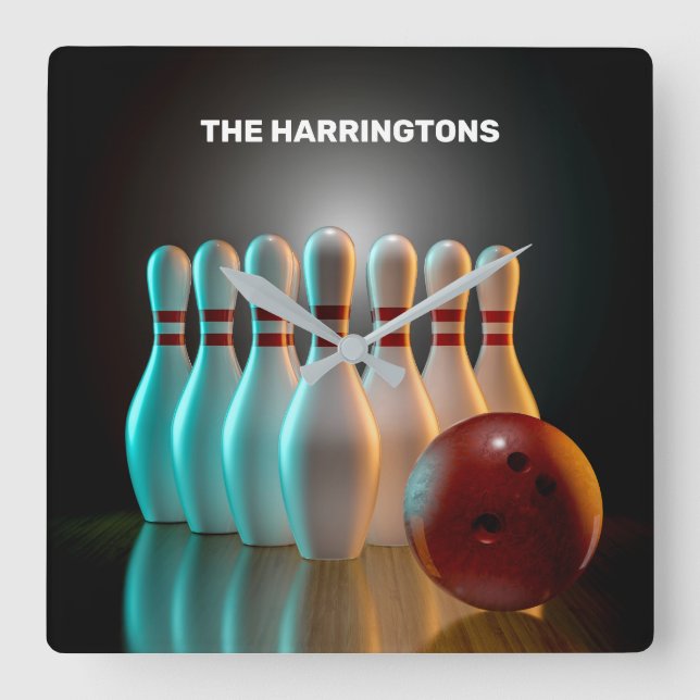 Anpassningsbar Text Bowling Strejka Fyrkantig Klocka (Framsida)