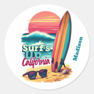 Anpassningsbar Text California Surfing Runt Klistermärke
