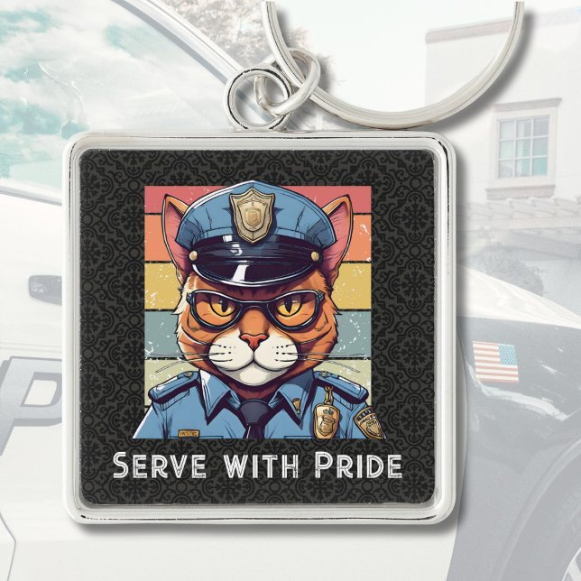Anpassningsbar Text Cat Gifts for Police Officers  Fyrkantig Silverfärgad Nyckelring (Custom Text Cat Gifts for Police Officers Dad Him)