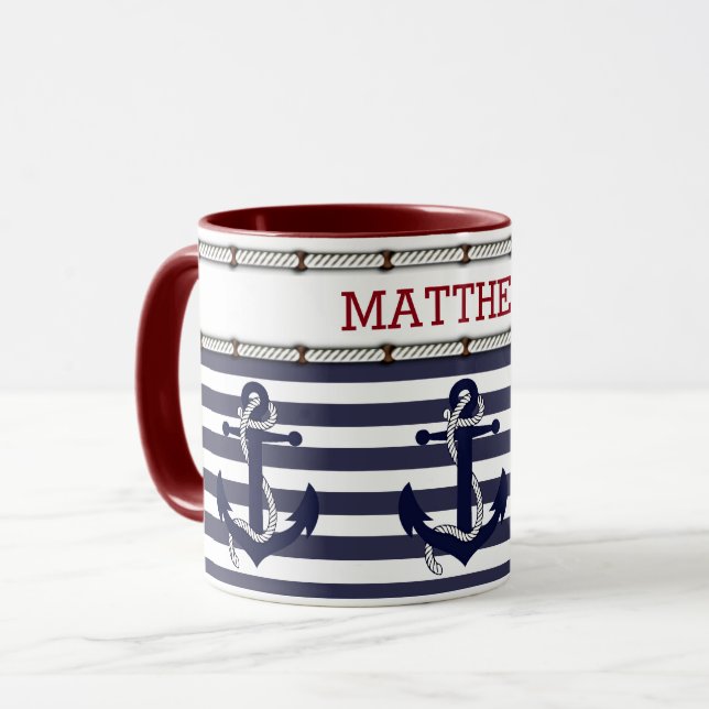 Anpassningsbar Text Classic Nautical Anchor Motif Mugg (Framsida vänster)