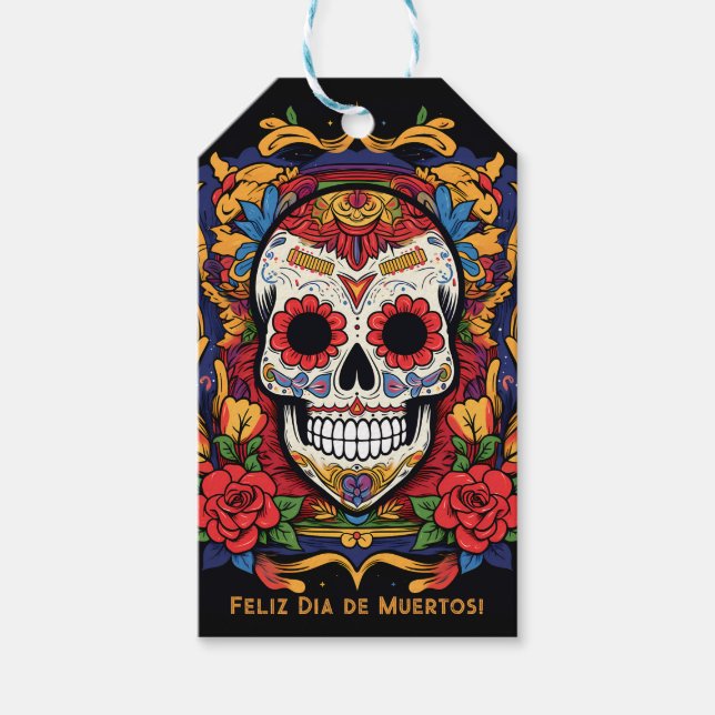 Anpassningsbar text Dia de Muertos ☠️ Sugar Skull Presentetikett (Framsidan)