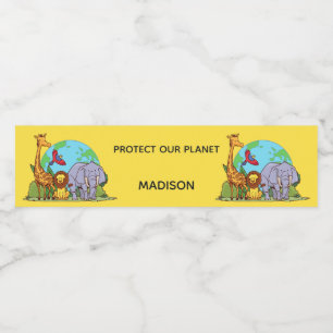 Anpassningsbar Text Earth med Animals Vattenflaskor Etikett