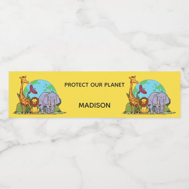 Anpassningsbar Text Earth med Animals Vattenflaskor Etikett (Singel etikett)