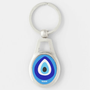 Anpassningsbar Text Evil Öga Nazar Amulet Ovalt Silverfärgad Nyckelring